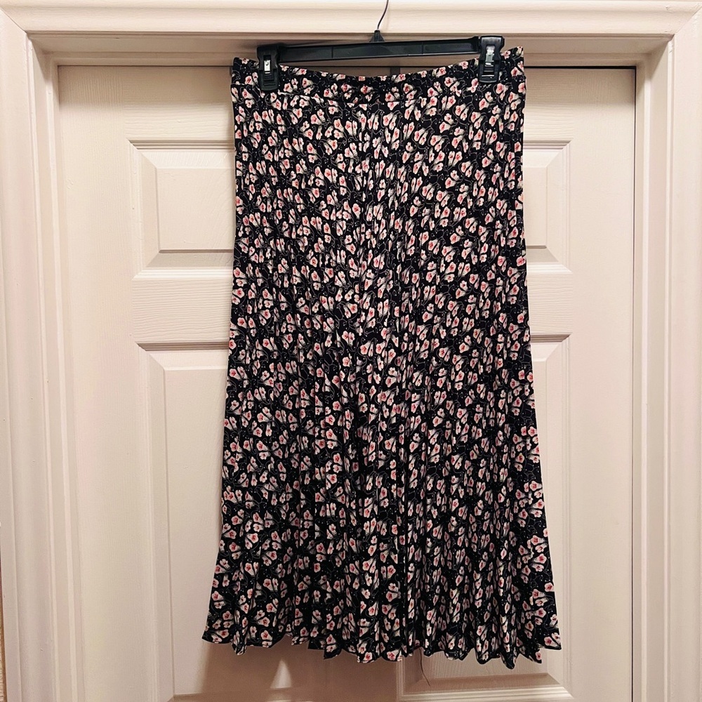 Max Studio Women’s Pleated High Waisted Floral Black Pink Skirt Size L